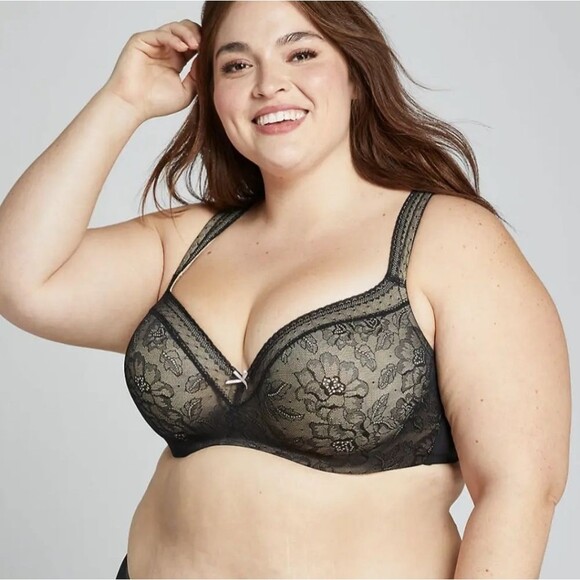 Cacique Modern Lace Lightly Lined Balconette Bra Black beige 42H - Picture 1 of 9